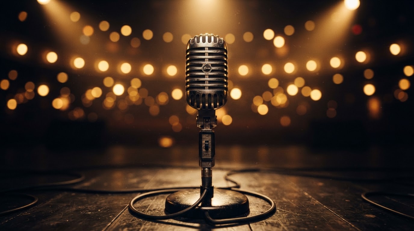 Vintage microphone under stage spotlighting