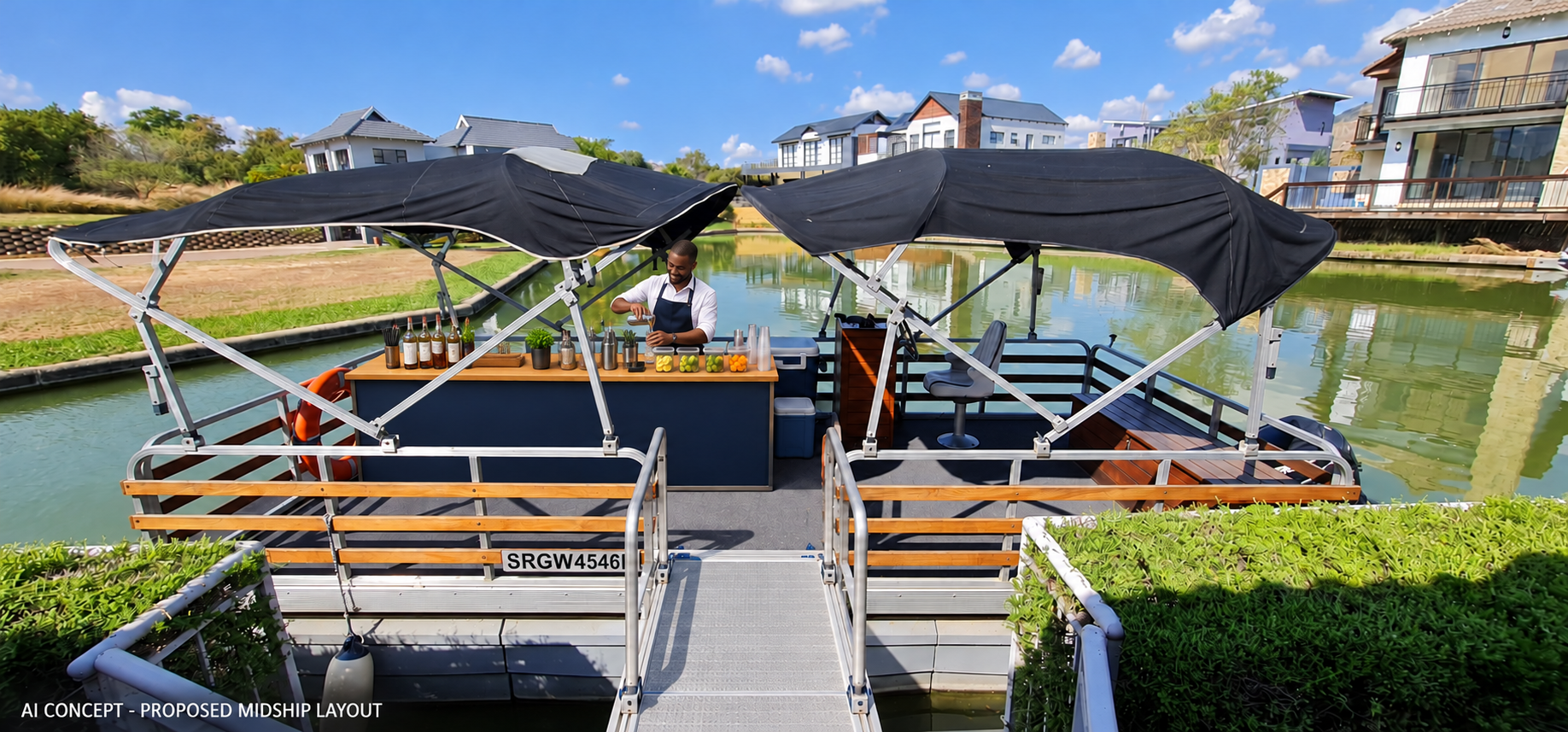 AI Concept illustration showing the primary long-counter portable bar setup with bartender on the main pontoon