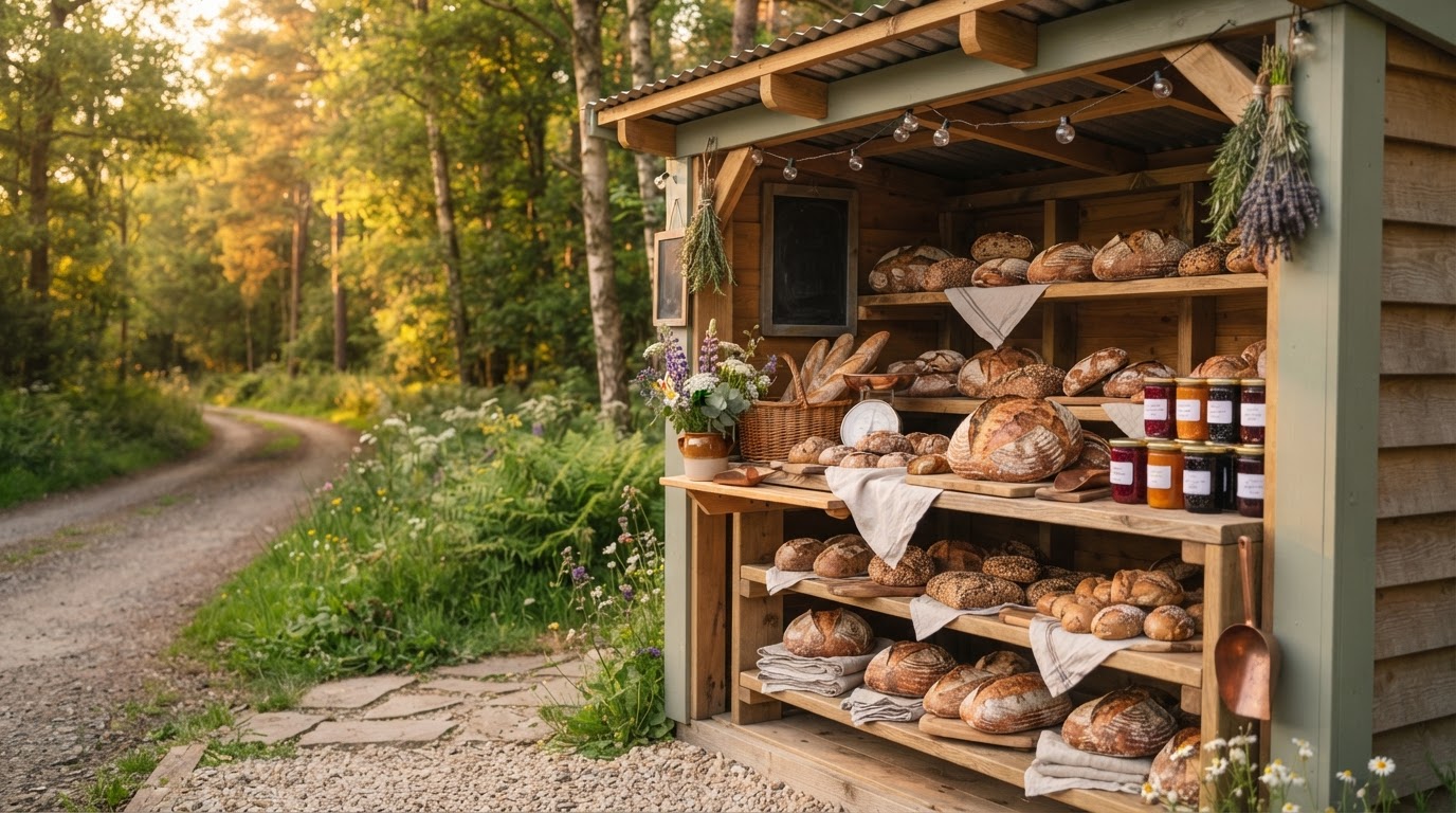 Warm farmhouse bread shed at golden hour with fresh sourdough loaves