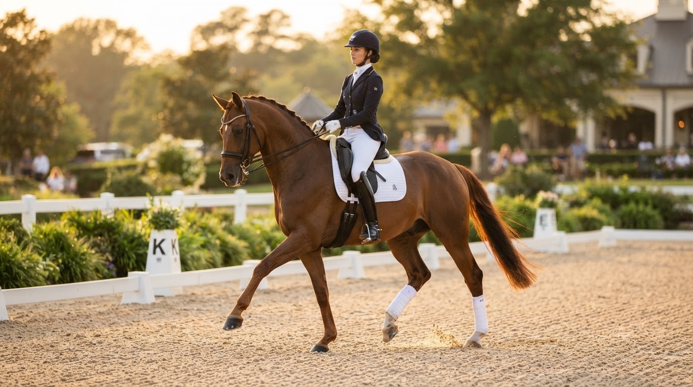 Dressage horse and rider in a collected trot at golden hour