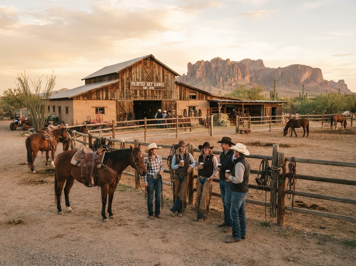 Equestrian community gathering at a barn