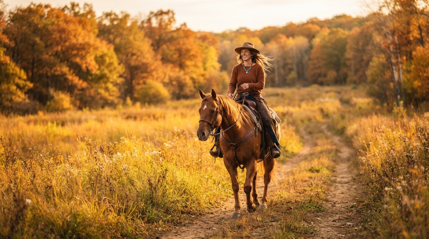 Chestnut horse and rider on an autumn trail ride