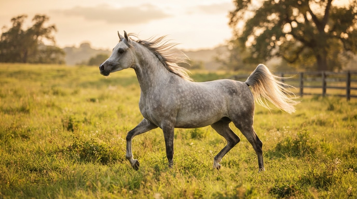 Grey Arabian horse at liberty in a pasture