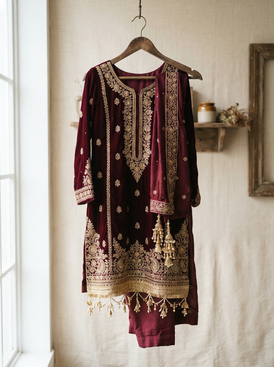 A Punjabi suit with gold latkan tassels