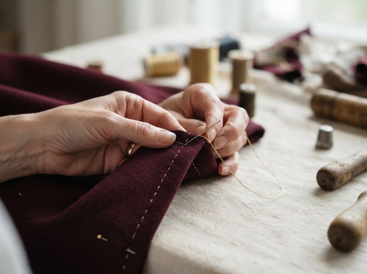 A seamstress hand-stitching a hem