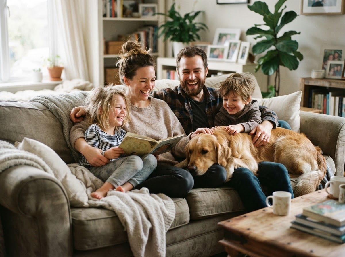 Family relaxing at home with their dog