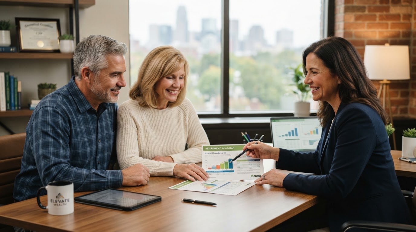 A financial advisor reviewing retirement and wealth planning documents with clients in a Houston office