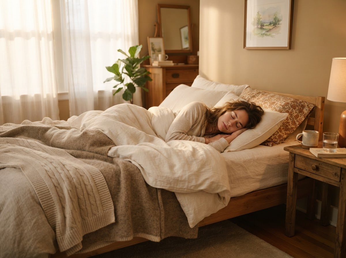 A restless sleeper waking in dim morning light, illustrating the sleep disruption and health effects of the Daylight Saving Time clock change