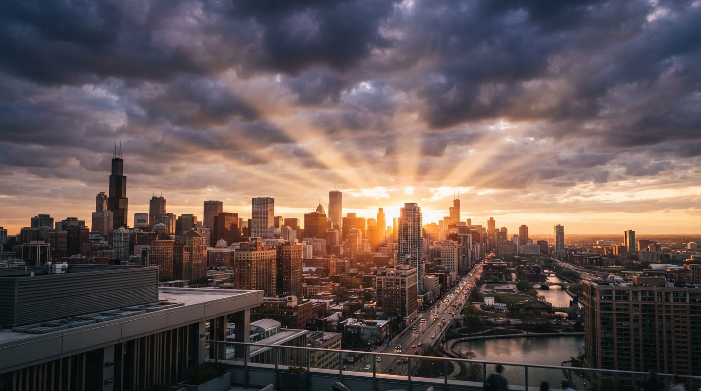 Sunlight breaking through clouds over a city skyline at golden hour, symbolizing the Sunshine Protection Act's push to make Daylight Saving Time permanent year-round