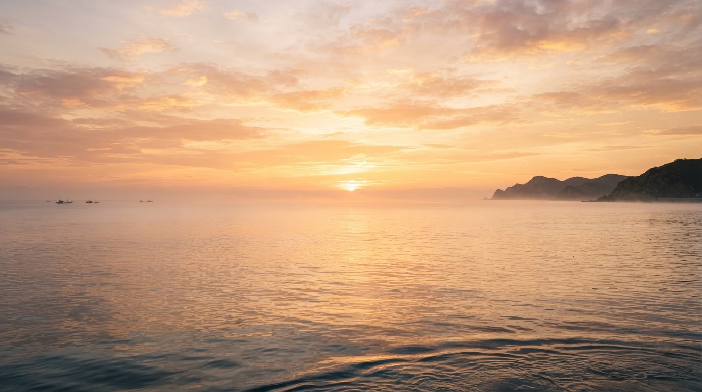 Golden sunrise over a calm ocean horizon at dawn