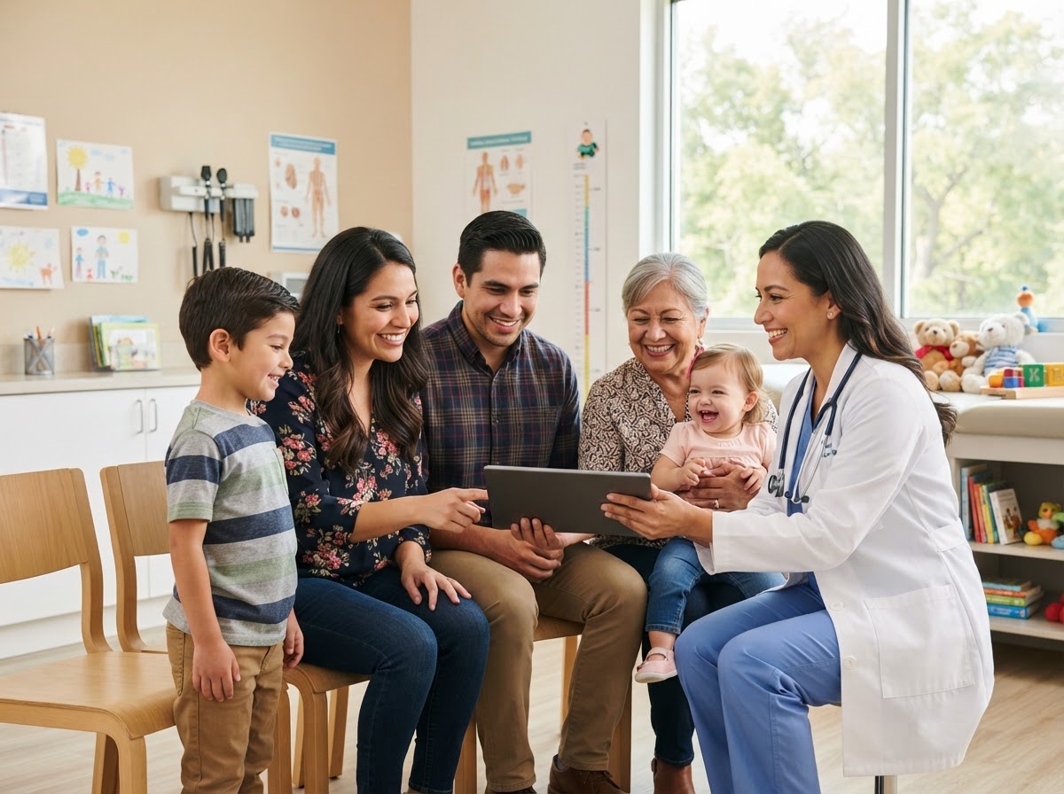 Family at a wellness checkup with their doctor