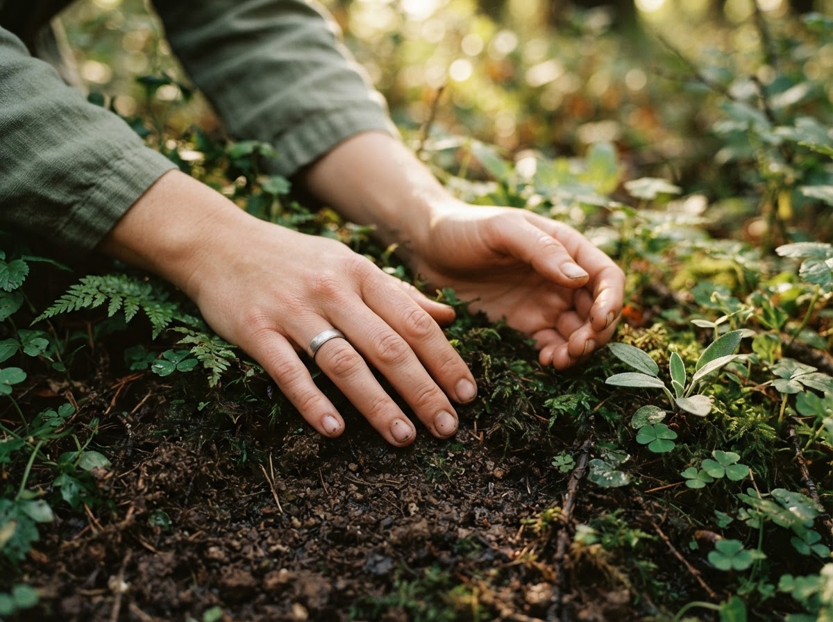 Close-up of hands resting gently on rich earth and green leaves, a grounding moment in nature