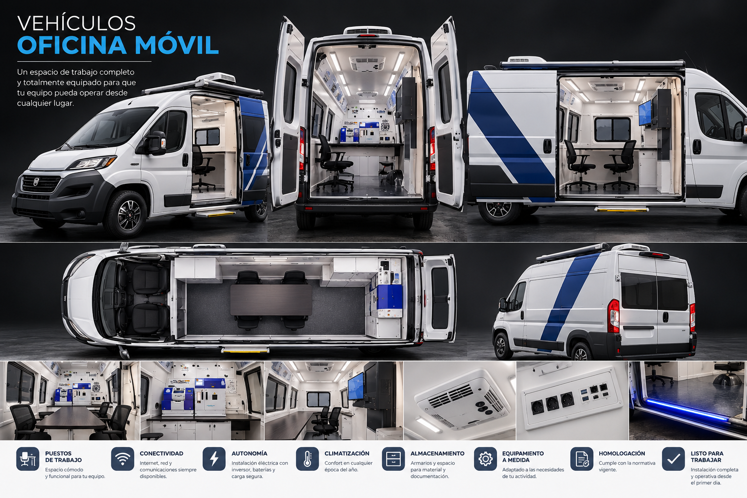 Representación 3D de vehículo oficina móvil equipado para trabajo profesional