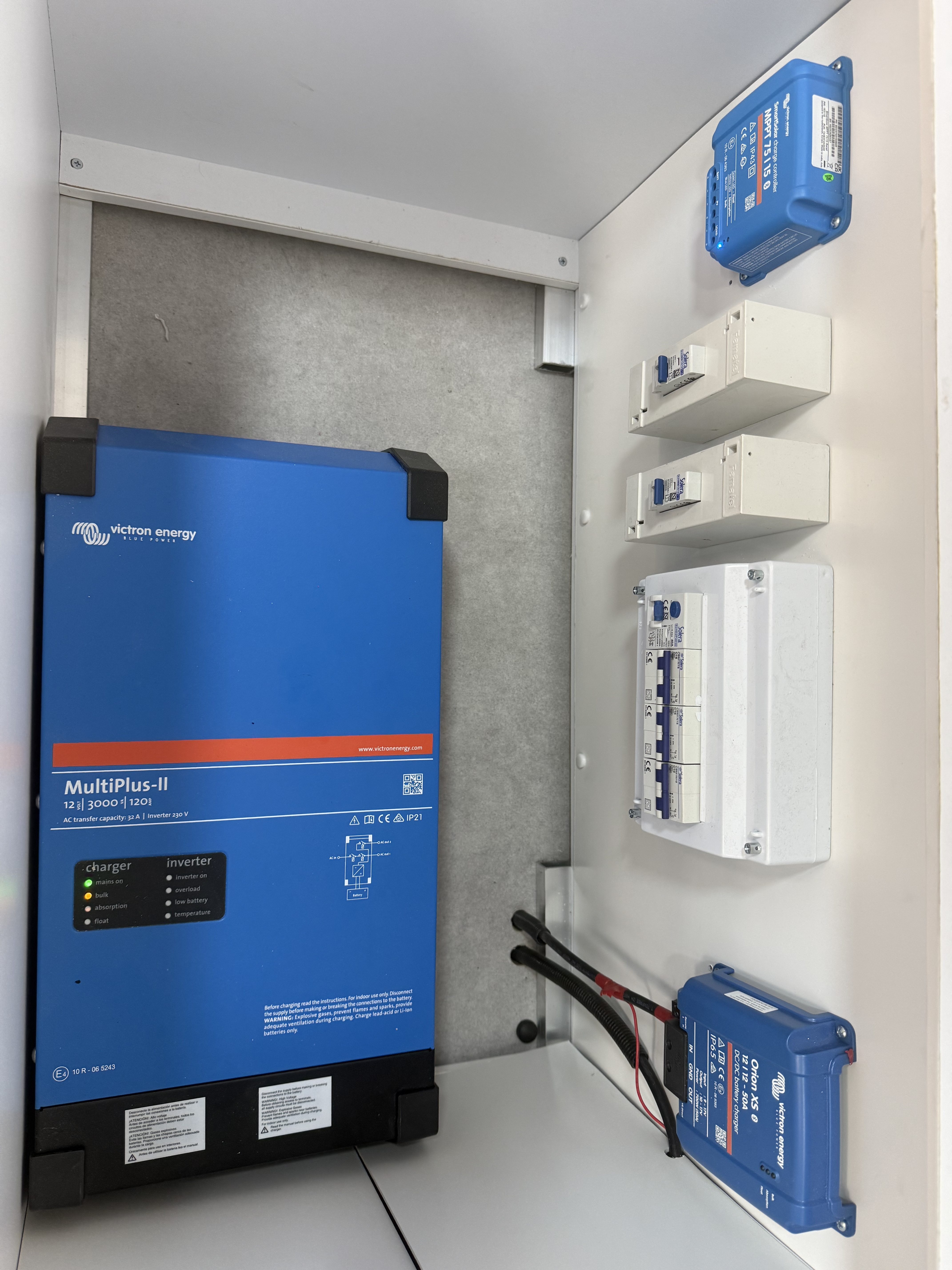 Instalación eléctrica auxiliar con inversor cargador y protecciones en armario técnico