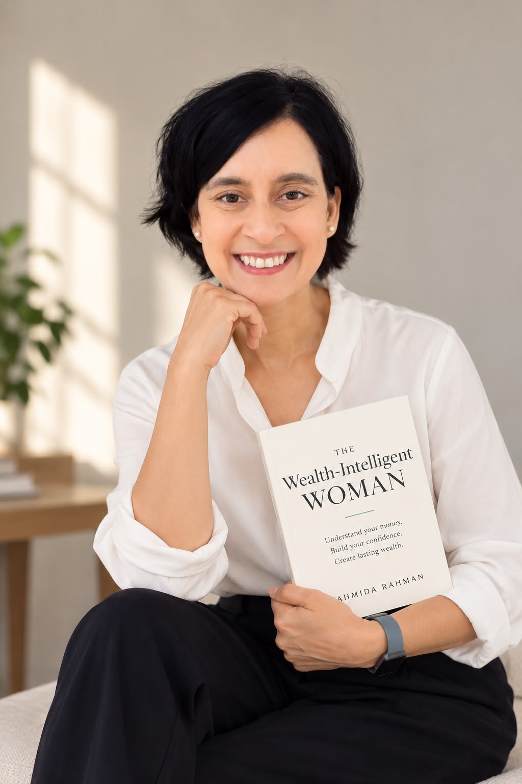 Fahmida Rahman holding The Wealth-Intelligent Woman, founder of Wealth With Fahmida