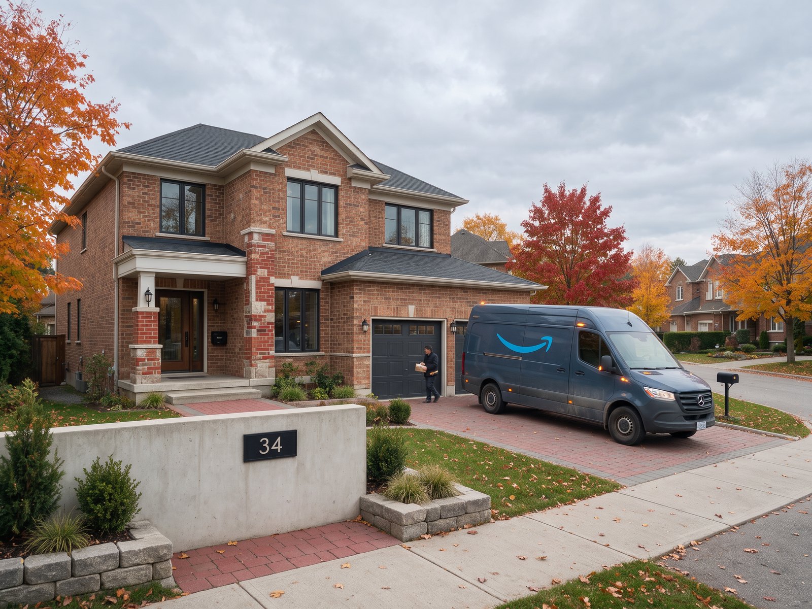 Delivery van in driveway with clean concrete address wall 34 in foreground