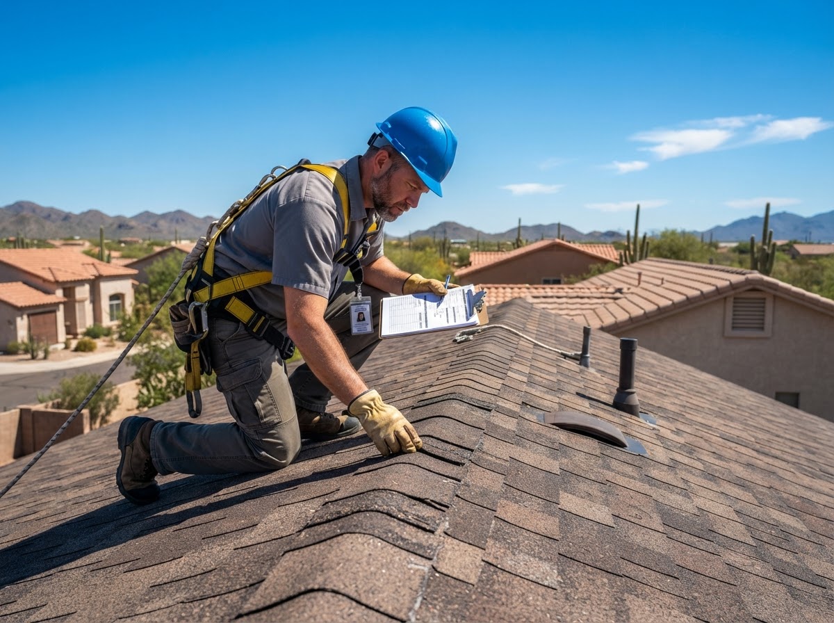 Wolff Development inspector physically walking and examining an Arizona residential roof