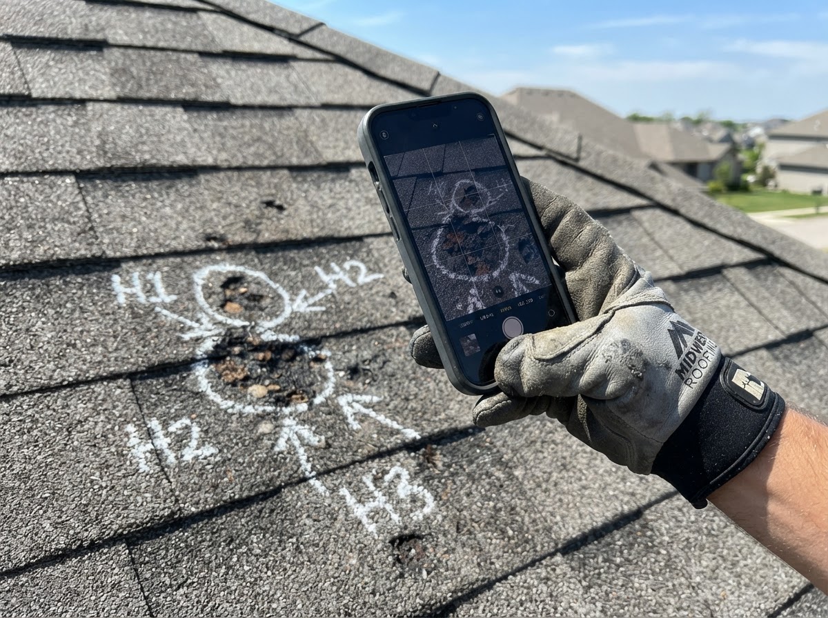 Roofer documenting hail damage and granule loss on a shingle with a camera and chalk marks
