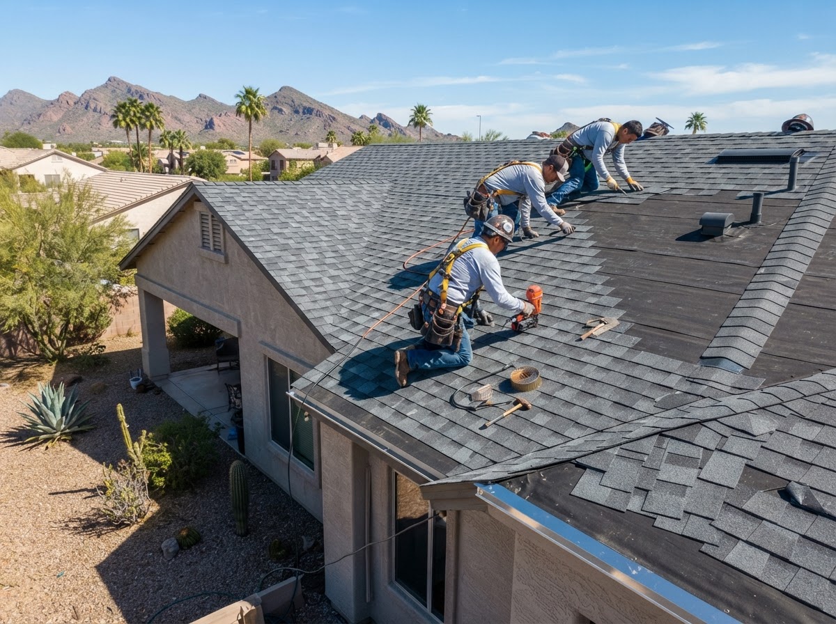Professional roofing crew installing new architectural asphalt shingles on a residential roof