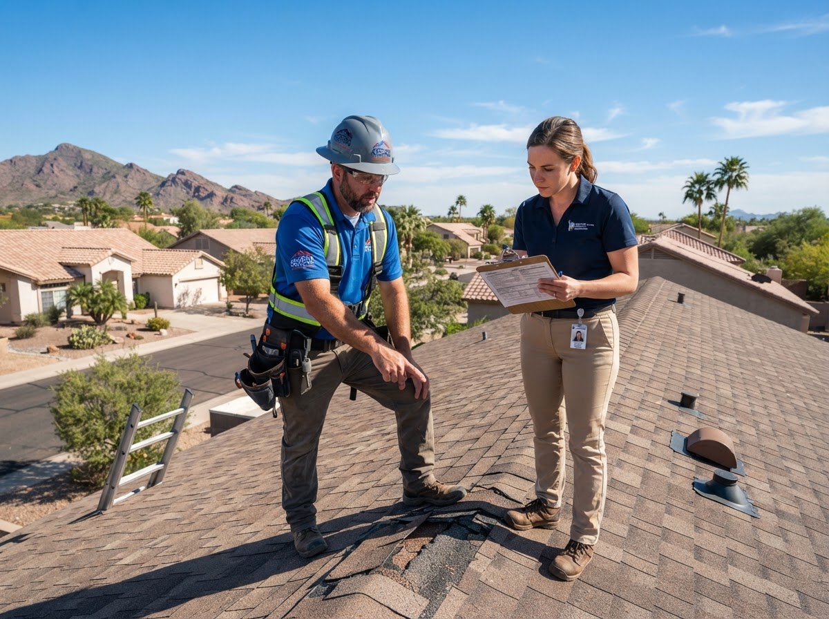Roofing contractor and insurance adjuster reviewing roof damage together on a residential roof