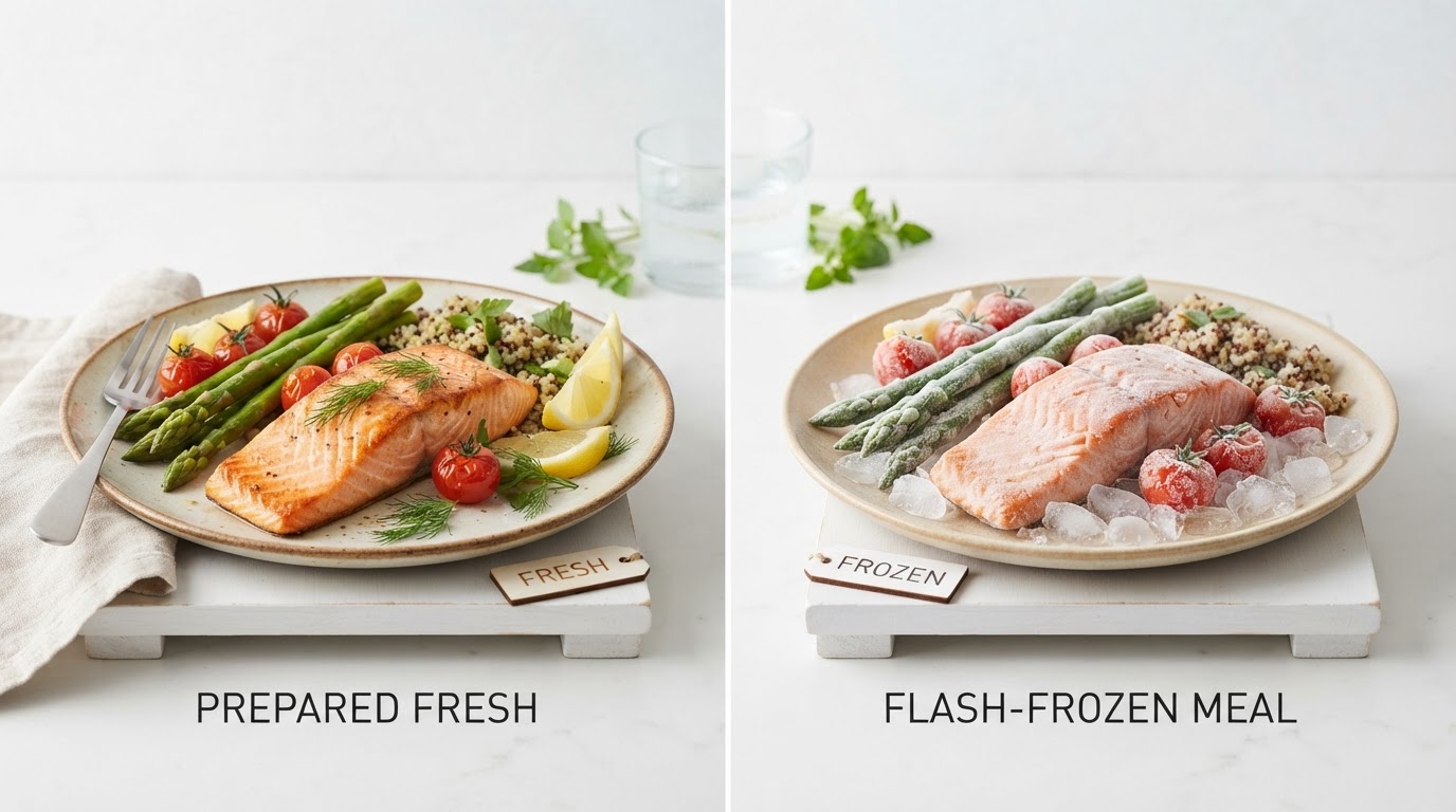Plated fresh and frozen meals comparison