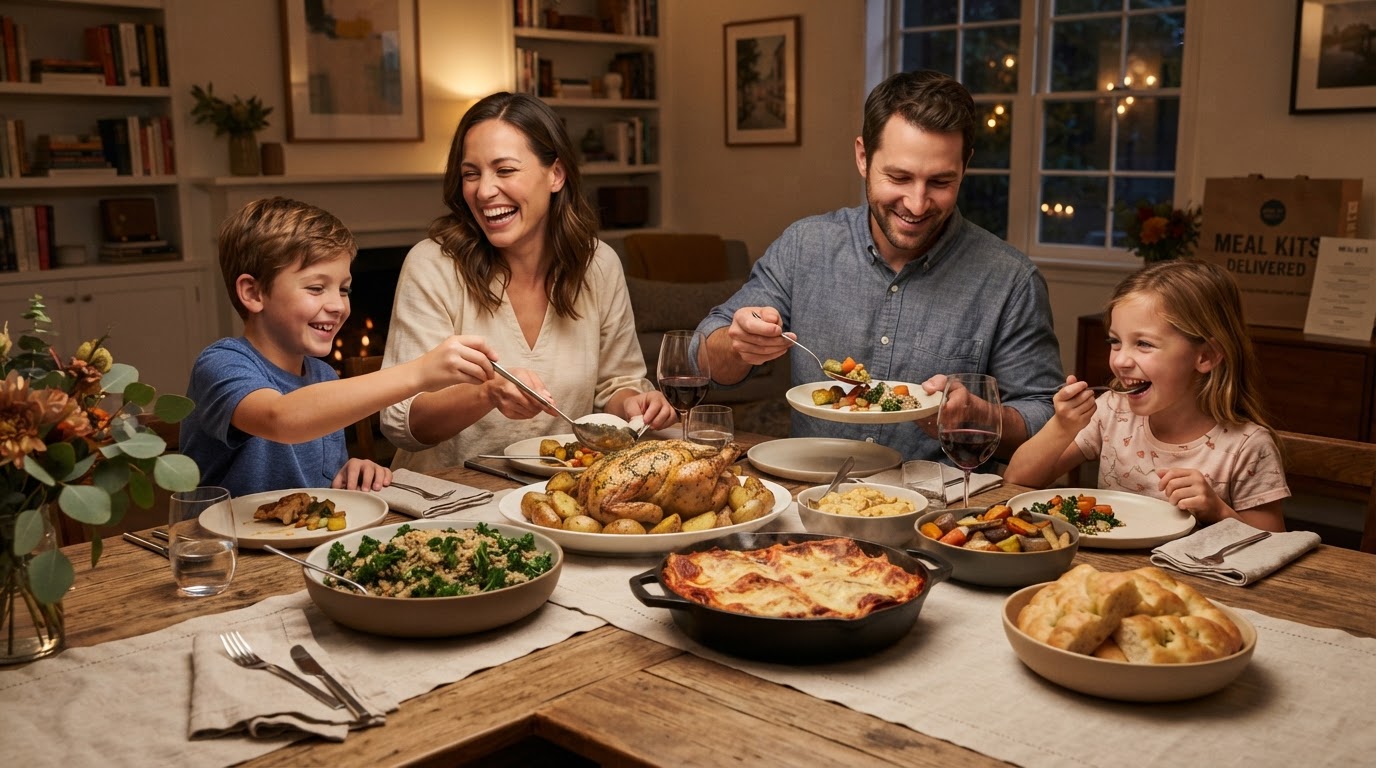 Family sharing a wholesome multi-portion delivered meal at the dinner table