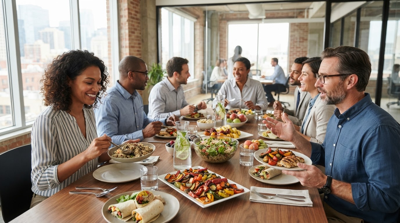 Remote professional enjoying a healthy prepared meal while working at laptop