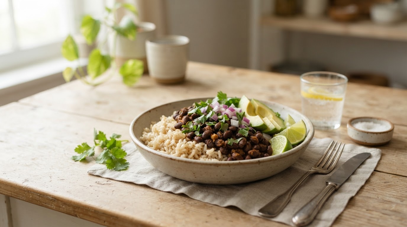 Simple budget-friendly meal with rice, beans and vegetables in an affordable setup