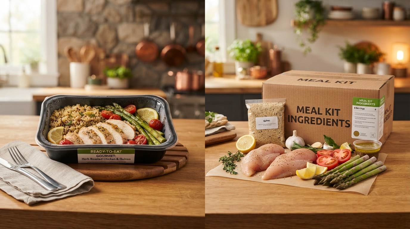 Gourmet prepared meal container on countertop