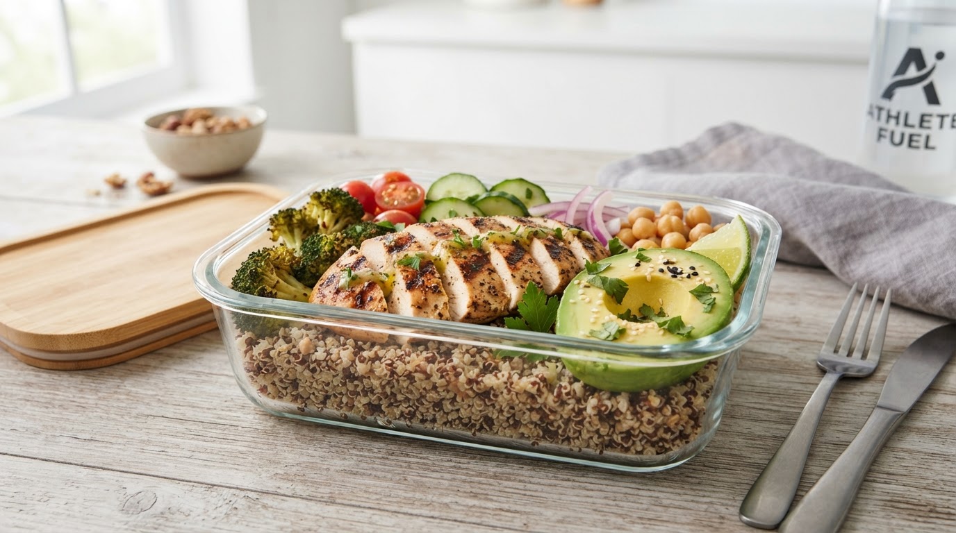 High protein grilled chicken breast and quinoa macro meal prep bowl