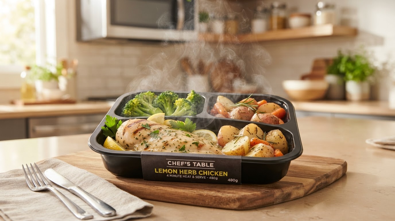 Ready-to-eat heat-and-serve meal in a microwaveable container