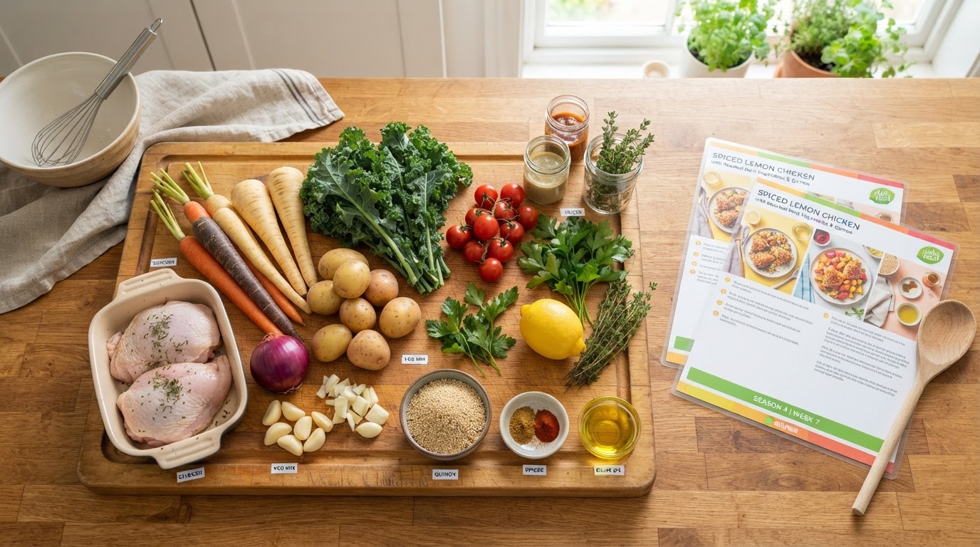 Fresh raw ingredients and recipe cards on a wooden board