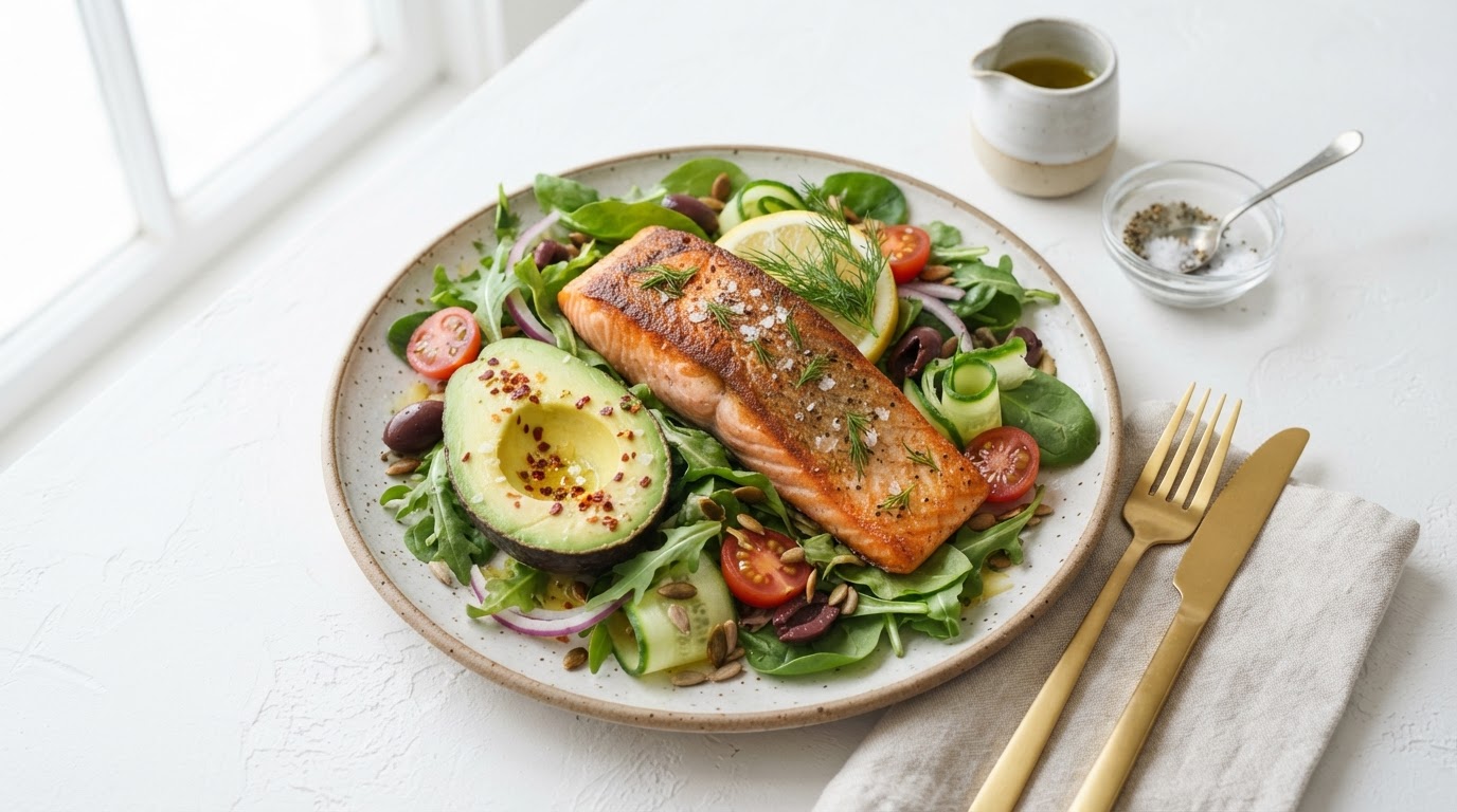 Healthy avocado, salmon, and leafy greens ketogenic meal
