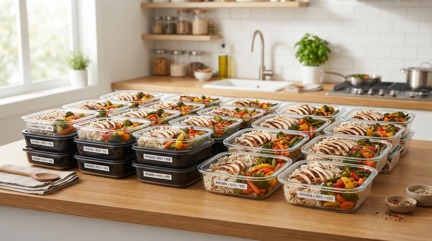 Rows of meal prep containers filled with balanced portions of protein and vegetables