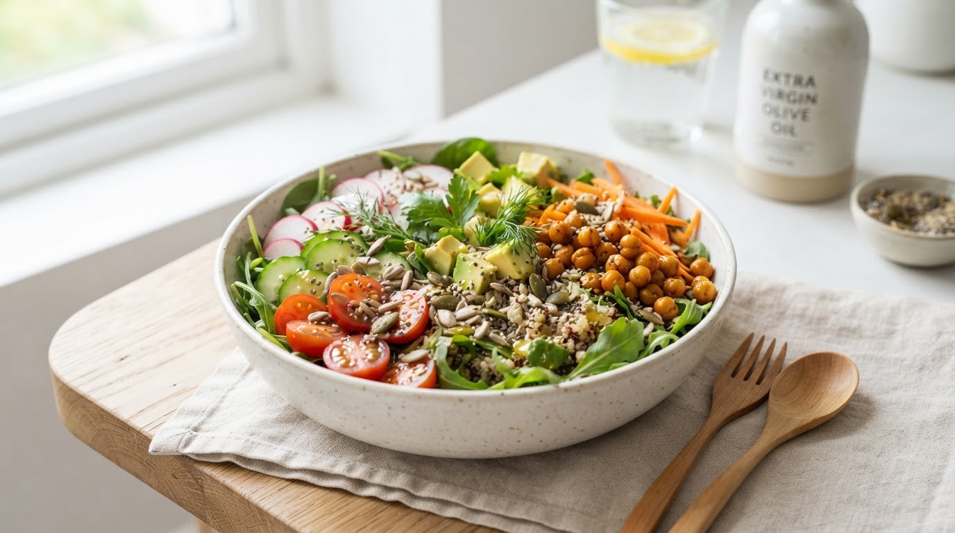 Fresh gluten-free salad bowl with crisp seeds and olive oil
