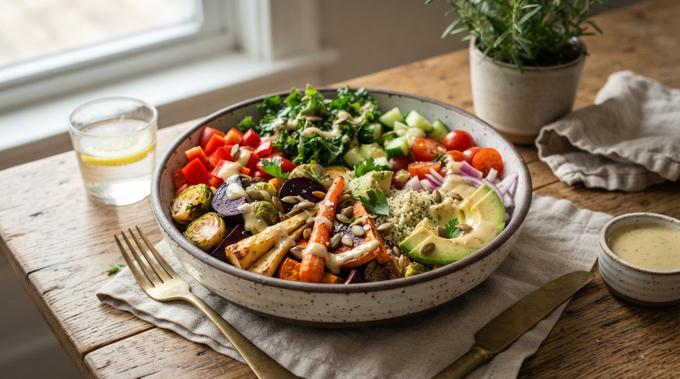 Vibrant vegetable and roasted root vegetable bowl with clean dressing