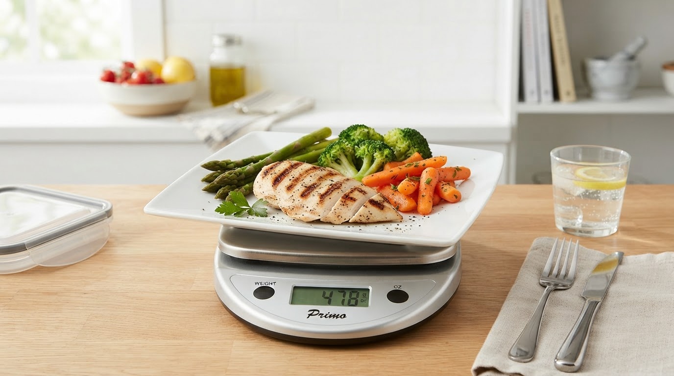 Portion-controlled weight loss meal with lean protein and vegetables on a scale