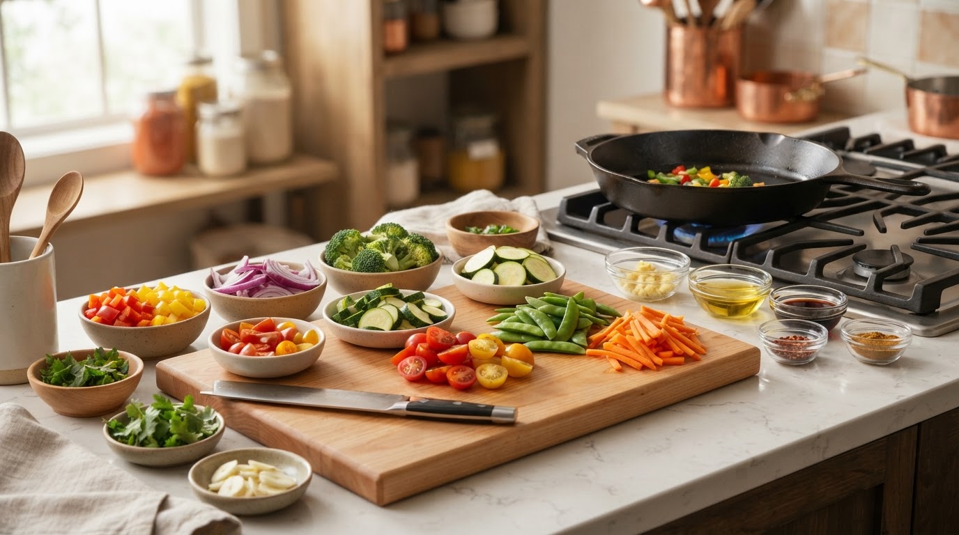 Pre-chopped colorful vegetables prepared for quick skillet cooking