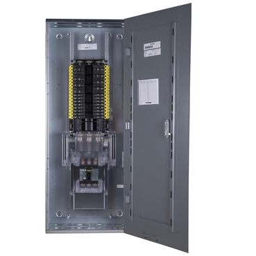 Square D NQ Panelboard interior with open door and branch circuit breakers