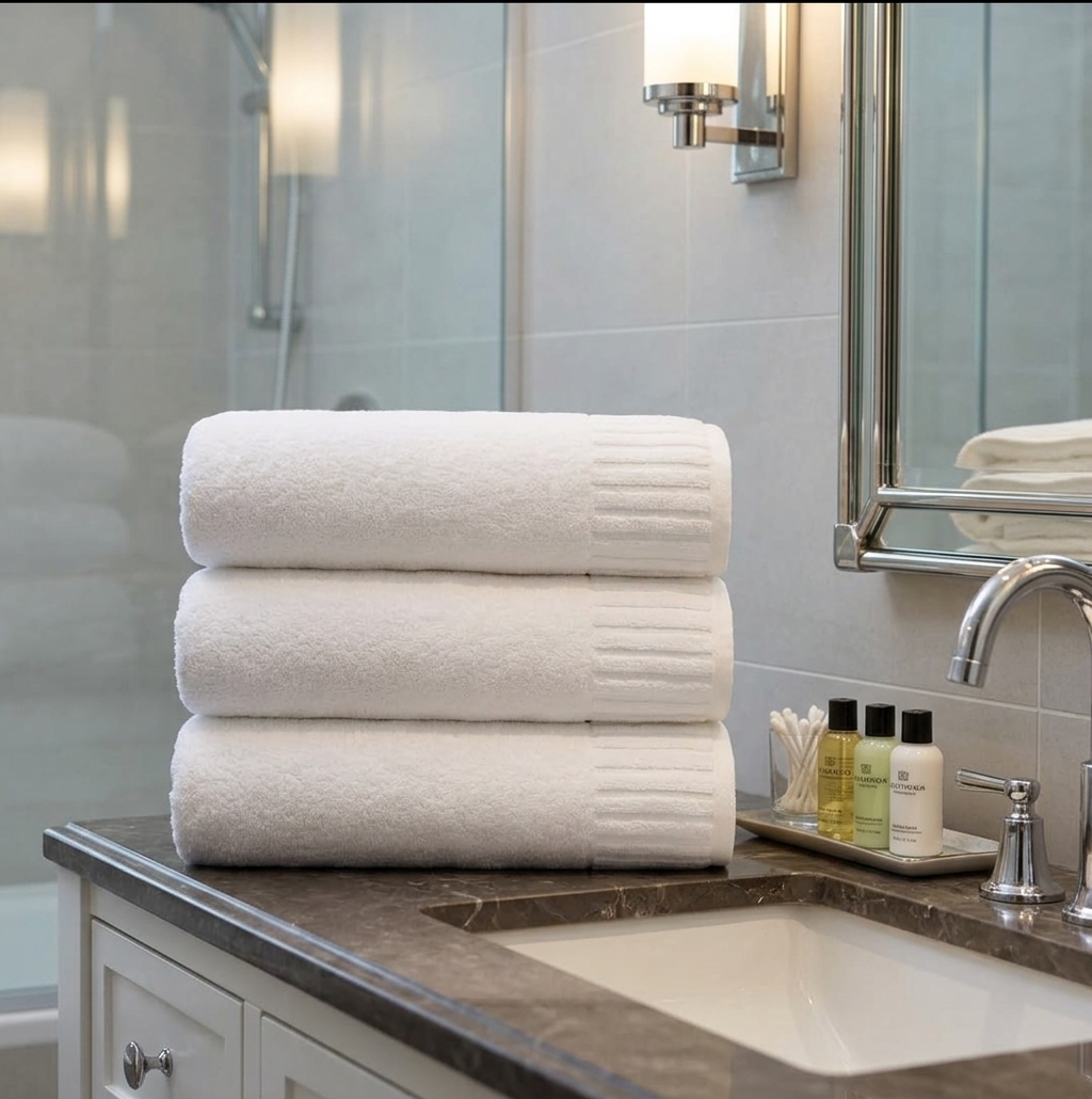 Pristine folded white hotel towels on vanity