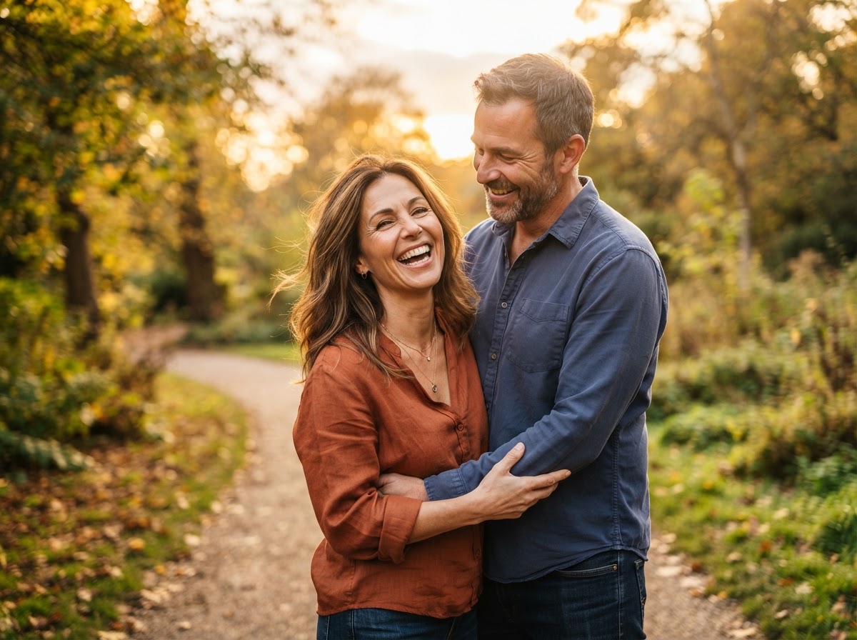A joyful couple sharing a warm moment in golden hour light