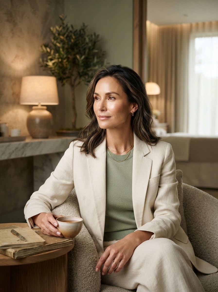 A serene woman in her forties reflecting during perimenopause care at BodiBloom Health
