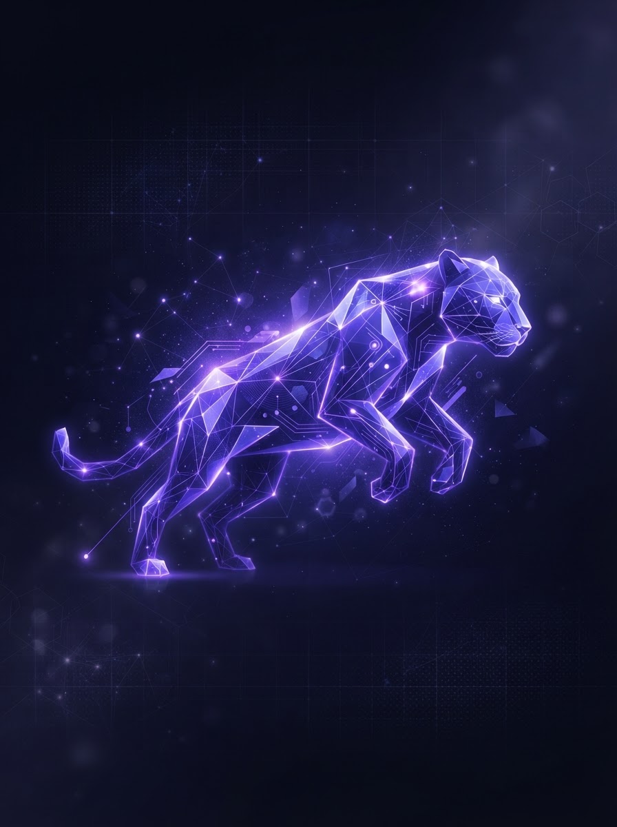 Abstract glowing jaguar silhouette over a midnight indigo field representing BlueJaguar Enterprises