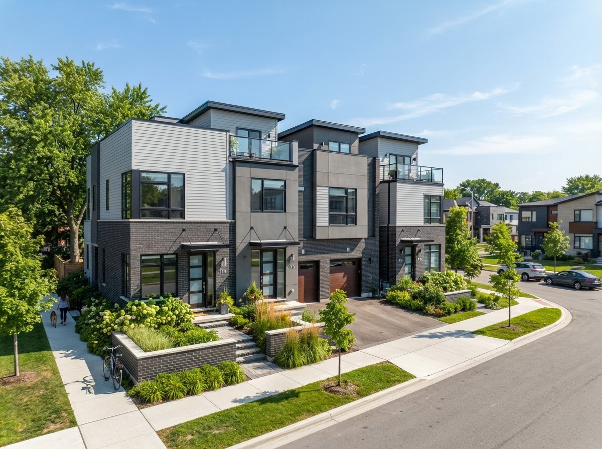 Newer contemporary townhome row house with modern brick facade