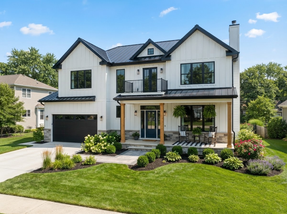 Newly built suburban modern farmhouse two-story home with white board-and-batten siding