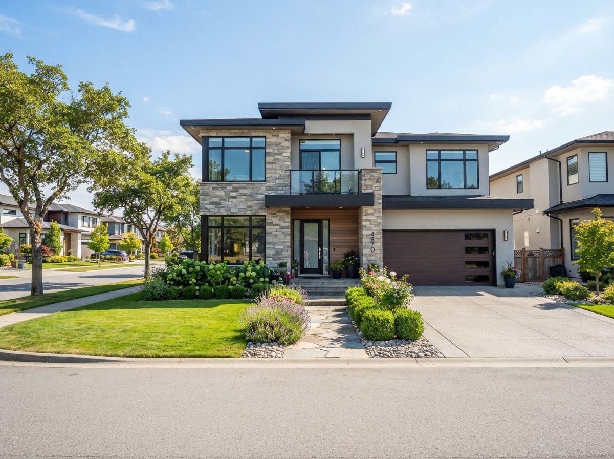 Newer contemporary two-story single-family home with stone and stucco