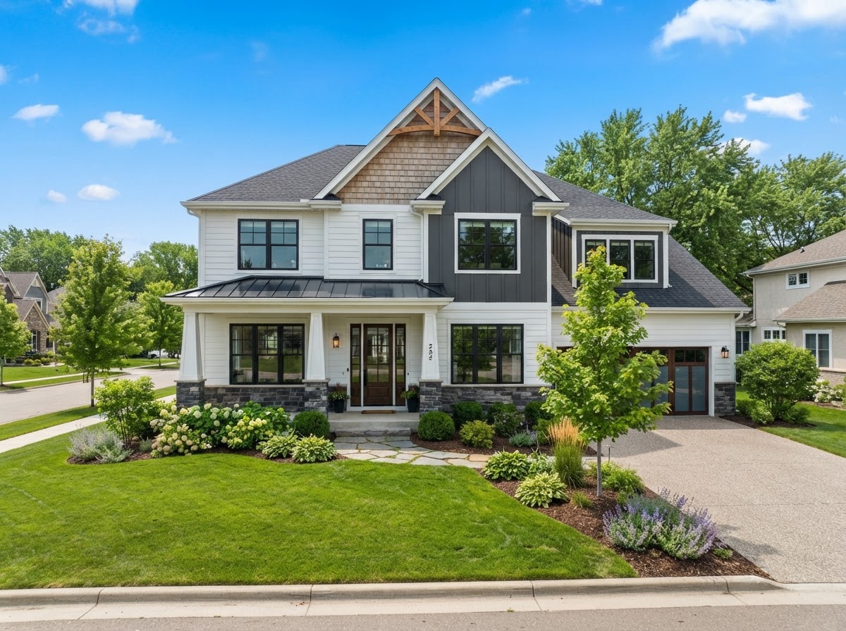 Brand-new construction suburban Craftsman style single-family home with modern exterior
