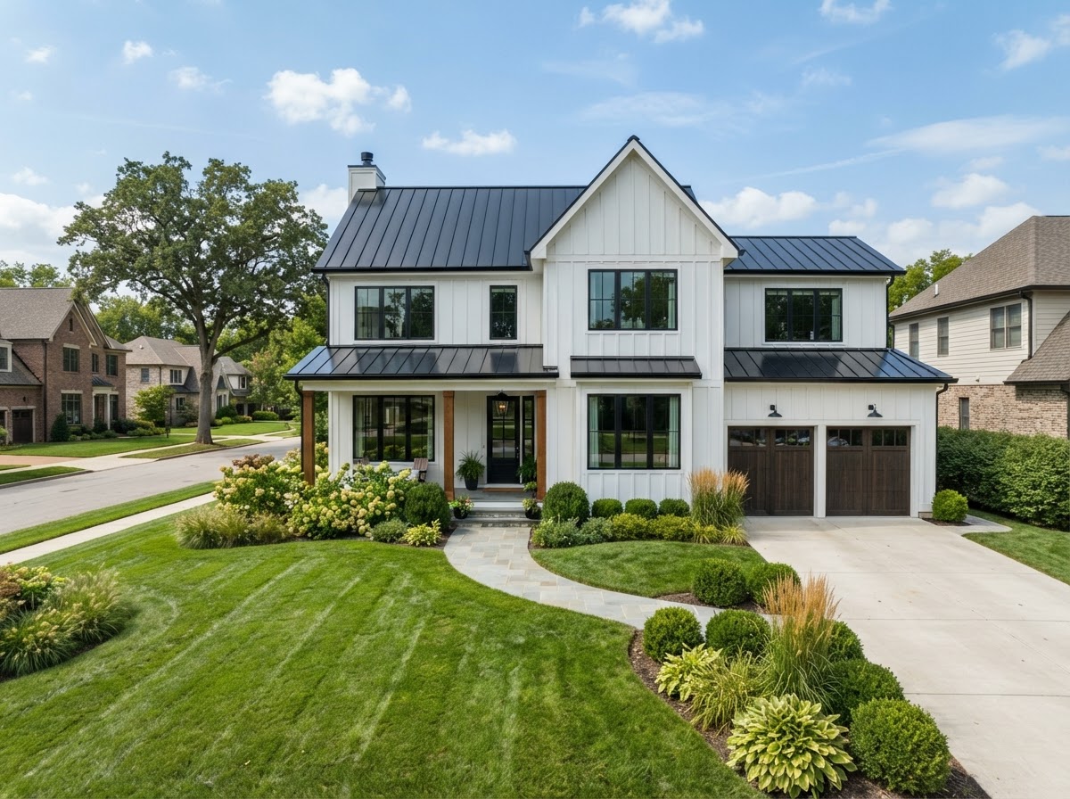 Newer modern farmhouse home with white board-and-batten siding