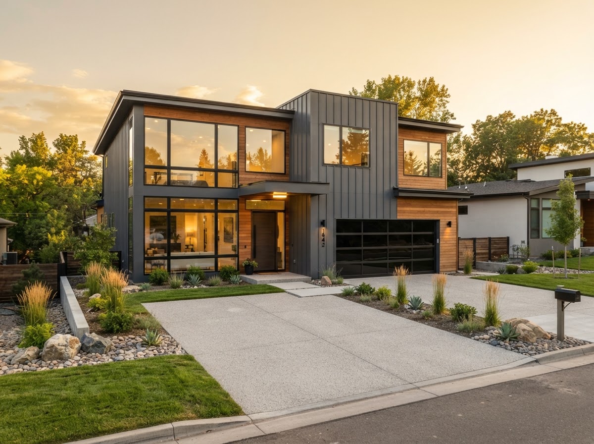 Contemporary new-construction suburban home with gray modern siding and large windows