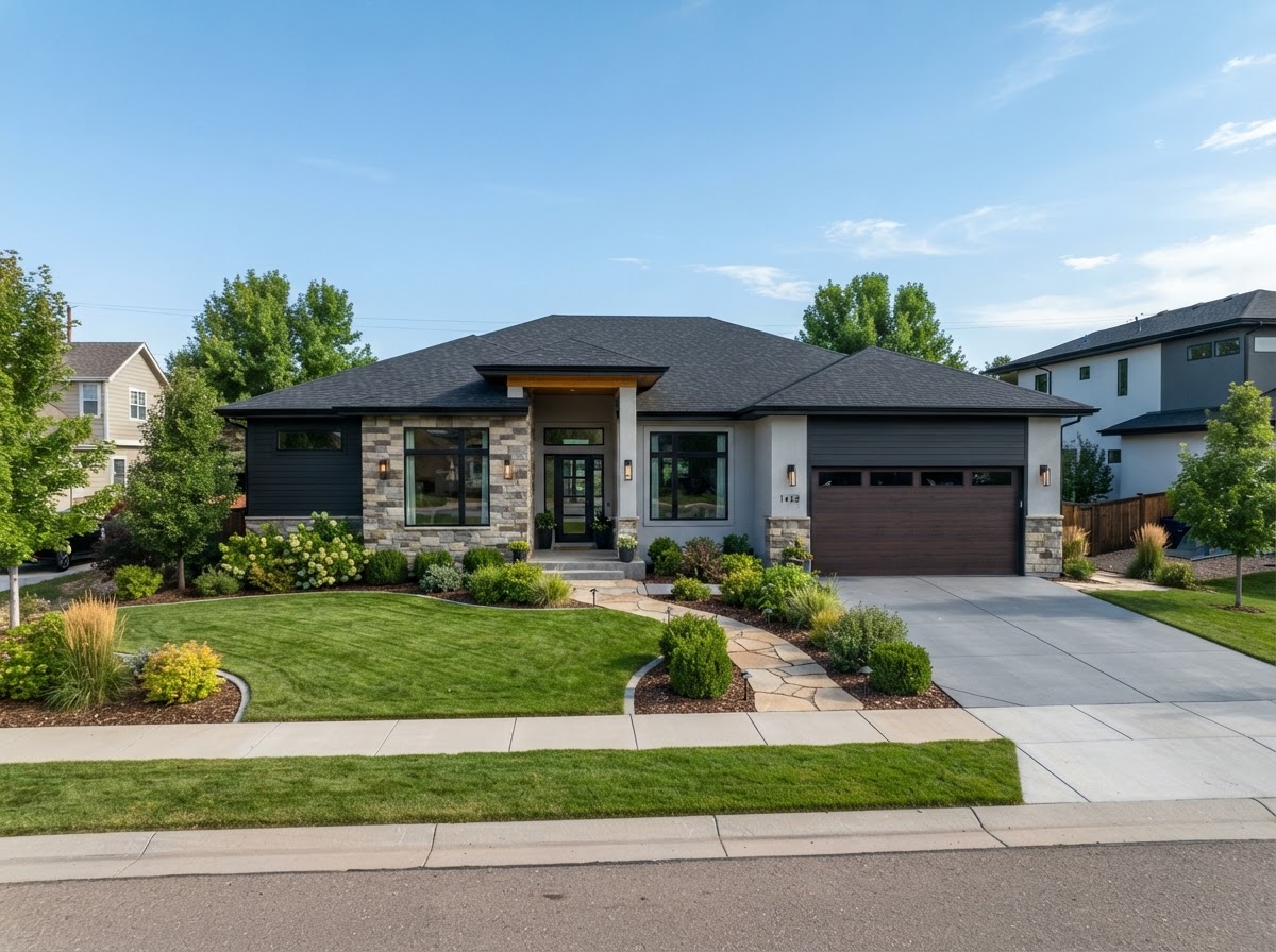 Newer mid-size ranch style single-family home with modern exterior